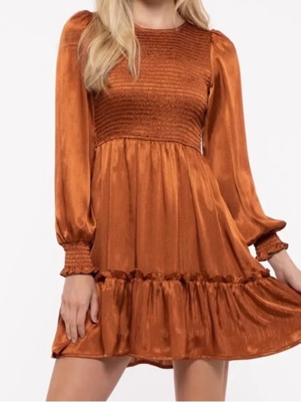 By The River| Boho Rust Smocked Bodice Long Puff Sleeve Satin-y Mini Dress Sz L